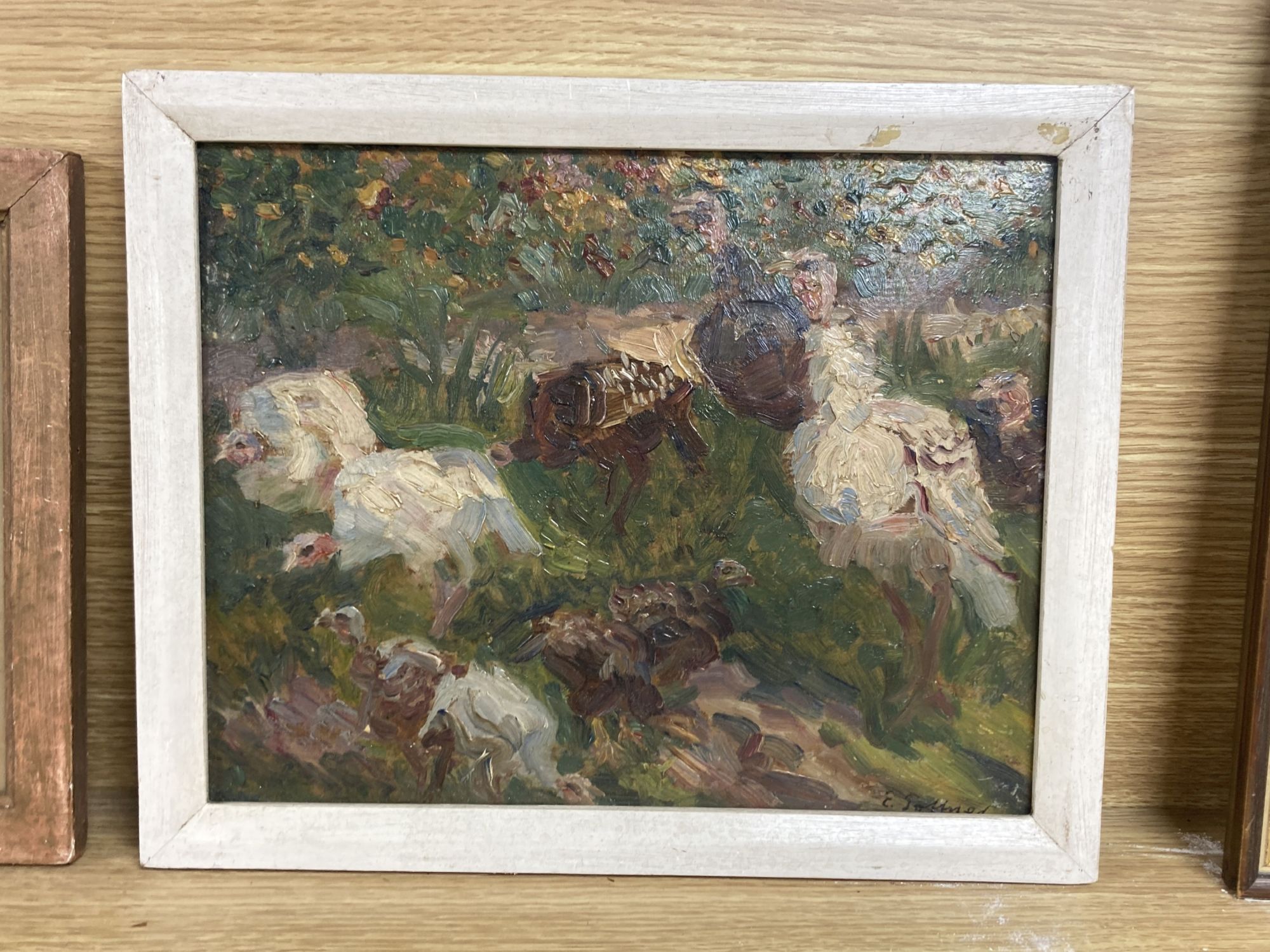 Emil Pottner (b.1872), oil on card, Study of turkeys, signed, 23 x 29cm